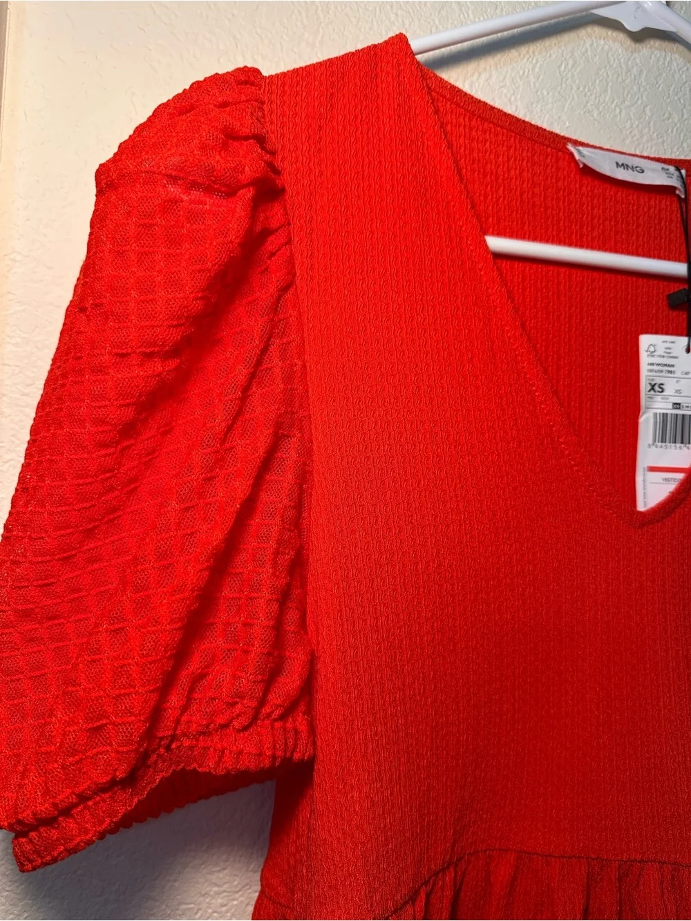 Mango Bright Red V-Neck Puff Sleeve Tiered Mini Dress | NWT | Size 2